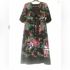 Trina Turk satin black and floral below the knee & flare dress